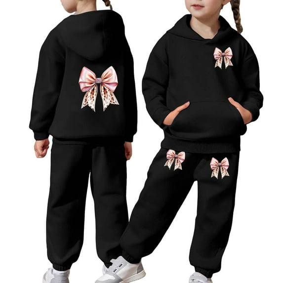 Gunia Kids Girls Athletic Sweatsuit 2 Piece Stylish Casual With Bow Print Design Comfortable Hoodie Jogger Pants Outfit Play Everyday Wear Breathable Clothes Set Cute Outfits For Girls 2-13 Years