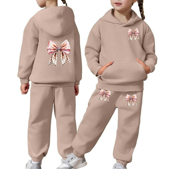 Gunia Kids Girls Athletic Sweatsuit 2 Piece Stylish Casual With Bow Print Design Comfortable Hoodie Jogger Pants Outfit Play Everyday Wear Breathable Clothes Set Cute Outfits For Girls 2-13 Years