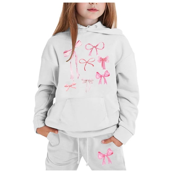 Gunia Kids Girls Bow Hoodie And Jogger Set Fleece 2 Piece Athletic Outfits Set Oversized Sweatsuits Tracksuit Fall Winter Clothes,Size 1-9 Years
