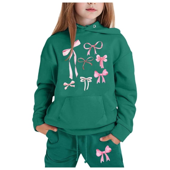Gunia Kids Girls Bow Hoodie And Jogger Set Fleece 2 Piece Athletic Outfits Set Oversized Sweatsuits Tracksuit Fall Winter Clothes,Size 1-9 Years