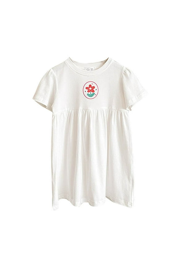 Kids Girls' Dresses Cute Floral Print Round Neck Short Sleeve Sundress White Trendy 5 Y-6 Y Dailywear