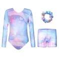 thumbnail image 1 of Gunia Kids Girls Gymnastics Outfit Long Sleeve Performance Leotard With Glitter Print And Matching Shorts Hair Scrunchie For Dance Gymnastics Stage 11-12 Years, 1 of 9