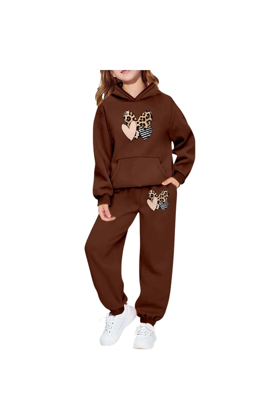 Kids Girls Jogging Suits Sweatsuits 2 Piece Set Valentine'S Day Hoodie Jogger With Leopard Print Heart Design Cozy Two Piece Outfit Toddler Kids Clothes Set Cute Outfits For Girl 2-13 Years
