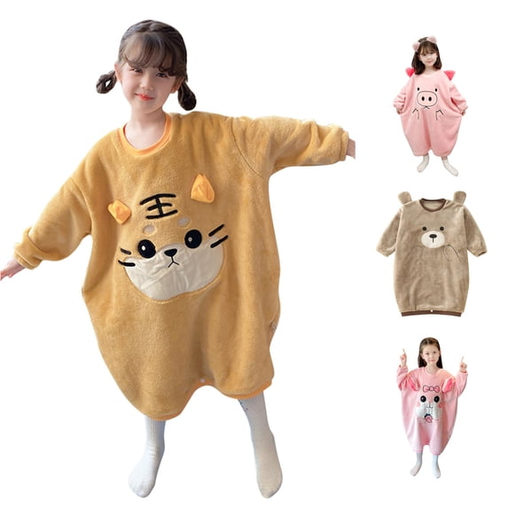 Gunia Kids Girls Nightgown Pajamas Fall Winter Long Sleeve Cartoon Embroidered Fluffy Hoodies Dress Kids Warm Casual Sweatshirt Clothes Tops Night Gowns Pjs Loungewear Yellow 9-12 Years