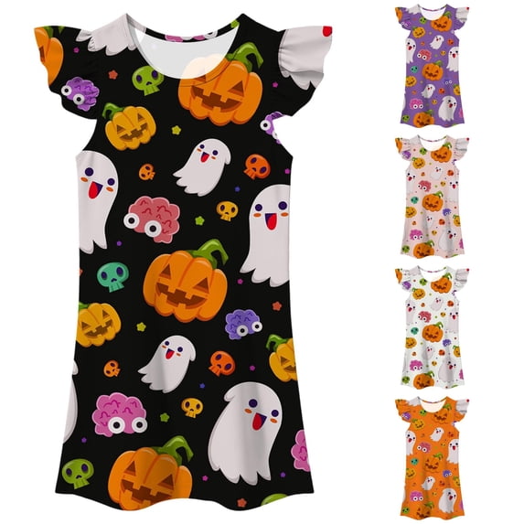 Gunia Kids Girls Nightgown Princess Pajamas Halloween Pumpkin Flutter Sleeve Summer Casual Cartoon Digital Print Dress Night Gowns Pjs Loungewear Black 9-10 Years