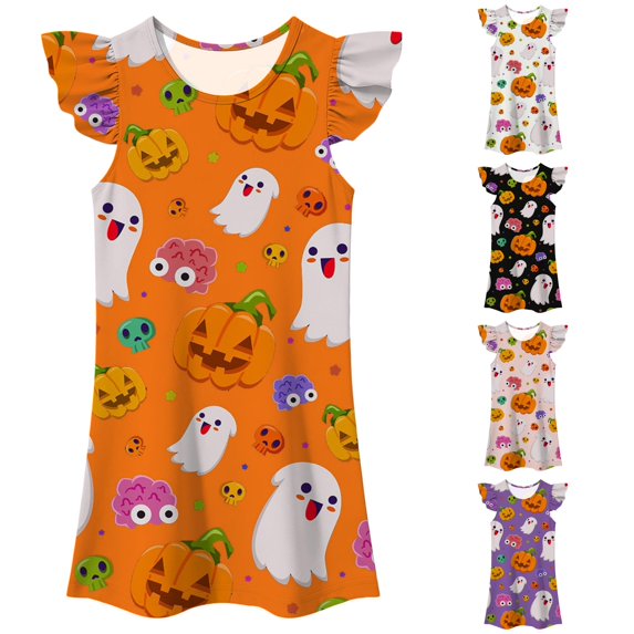 Gunia Kids Girls Nightgown Princess Pajamas Halloween Pumpkin Flutter Sleeve Summer Casual Cartoon Digital Print Dress Night Gowns Pjs Loungewear Orange 8-9 Years