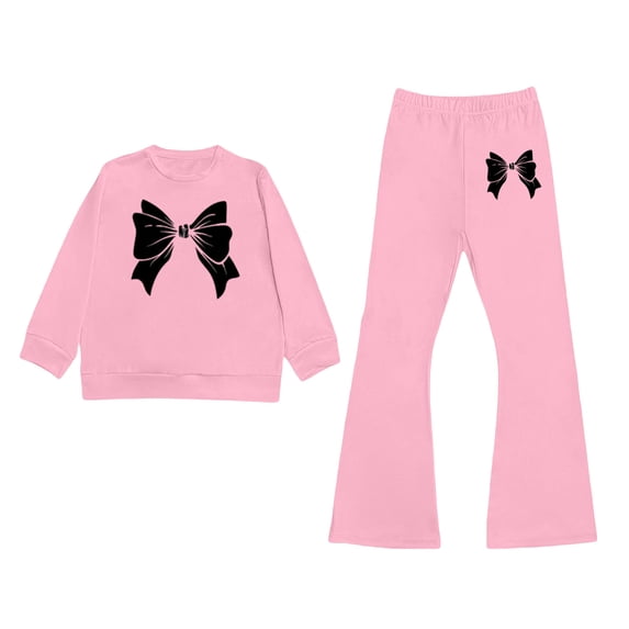 Gunia Kids Girls Outfits Long Sleeve Top Flare Pants With Bow Print Elegant Two Piece Toddler Kid Clothes Set 3-10 Years