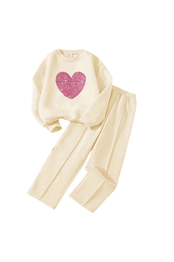 Kids Girls Spring Outfits Sweater Design Heart Pattern Long Sleeve Top Pants Double Layered Clothes Set 7-12 Years