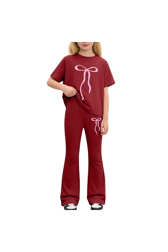 Kids Girls Summer Outfits Casual Fashion Print Short Sleeve Tee Long Pants Two Piece Coordinated Toddler Comfortable Daily Wear Clothes Set 7-12 Years