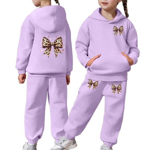 Gunia Kids Girls Tracksuit Set 2 Piece Winter Outfit Lined Hoodie Joggers Casual Two Piece With Bow Print Fashion Soft Clothes Set Cute Outfits For Girls 2-13 Years