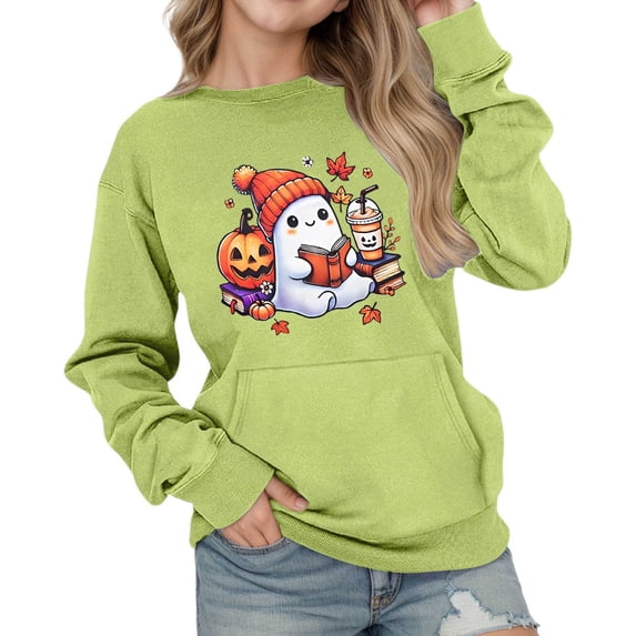 Gunia Kids Halloween Ghost Sweatshirt Boy Girl Oversized Hoodies Cute Drop Shoulder Long Sleeve Pullover Sweatshirt With Pocket Casual Loose Fit Tops Fall Clothes Light Green 5-6 Years
