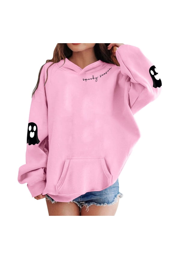 Kids Halloween Ghost Sweatshirt For Boys Girls Hoodies Graphic Pullover Long Sleeve Casual Outfit For Toddler Soft Comfortable Everyday Wear Tops Clothes Pink 6-7 Years