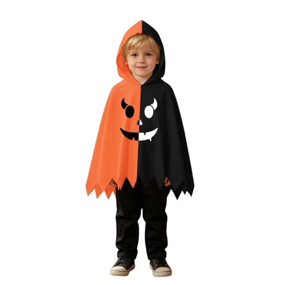 Gunia Kids Orange Ghost Hooded Cape For Boys Girls 2 Piece Halloween Costumes Cosplay Cloak Cute Party Dress Up Outfits Poncho