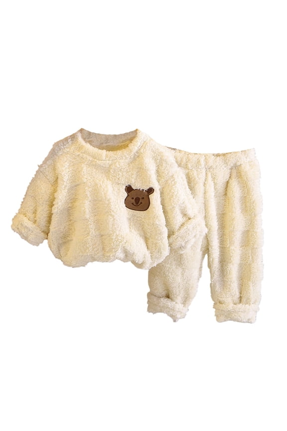 Kids Pajamas Boys Winter Warm Thermal Long Sleeve Two Piece Outfit With Cute Cartoon Print Cozy Cold Weather Indoor Comfort Pj'S Beige 3-4 Years