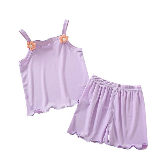 Gunia Kids Pajamas Girls Baby Summer Two Piece Outfit Set Sleeveless Camisole Strap Tank Top Shorts Folwer Clothes Pj'S Purple 4-5 Years