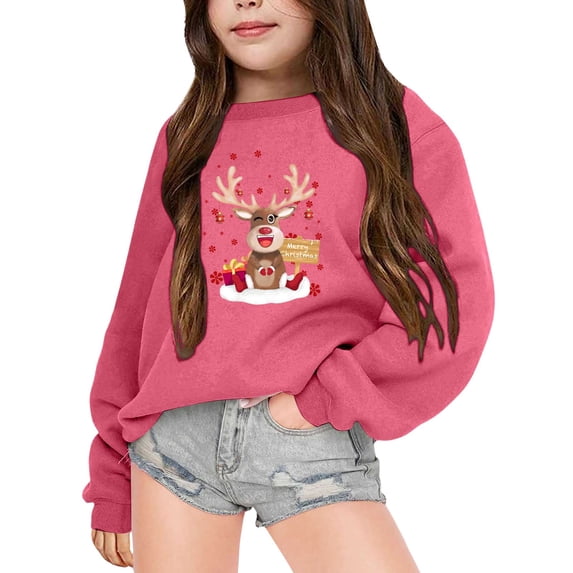 Gunia Kids Sweatshirts Autumn Winter Long Sleeved Christmas Elk Printed Crewneck Warm Coat Fleece Pullover Hoodie For Toddler Kids