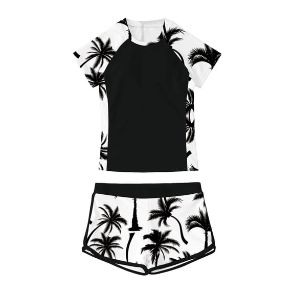 Gunia Kids Swimsuits for Girls Two Piece Set Summer Beach Pool Outfit Floral Print Round Neck Bikini Top With Shorts Girls Swimwear Poolside Black 7-8 Years