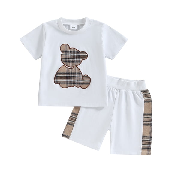 Gunia Kids Toddler Boys Summer Outfits Stylish Bear Embroidery Girls Short Sleeve Striped Shorts Two Piece Playwear Clothes Set 3-10 Years