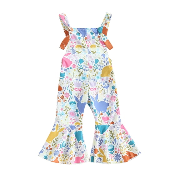 Gunia Kids Toddler Girls Easter Overalls Summer Sleeveless Cute Bunny Egg Print Flare Leg Casual Loose Rompers Holiday Jumpsuits For Girl Blue 3-4 Years