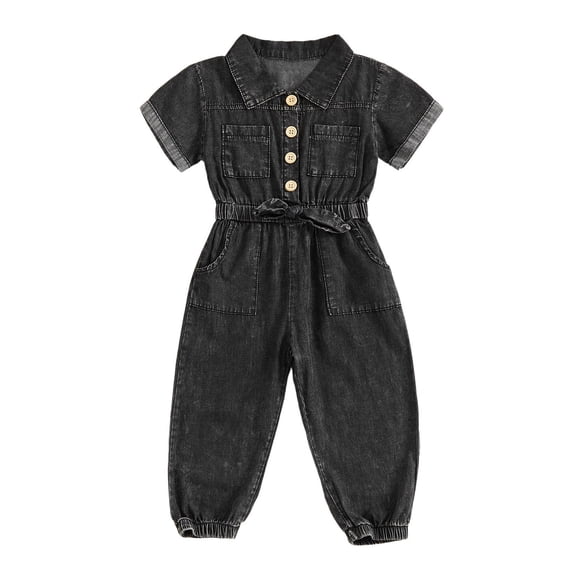 Gunia Kids Toddler Girls Summer Jumpsuit Short Sleeve Cute Print Casual Loose Romper Overalls For Girl Black 12-18 Months