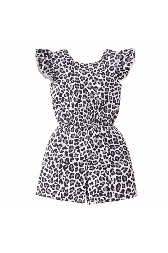 Kids Toddler Girls Summer Overalls Ruffles Sleeve Cute Leopard Print Casual Loose Rompers Jumpsuits For Girl Grey 2-3 Years