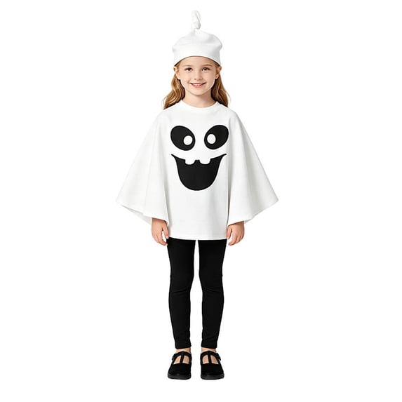 Gunia Kids White Ghost Hooded Cape For Boys Girls 2 Piece Halloween Costumes Cloak Cute Party Dress Up Outfits Poncho,Size 4-8 Years
