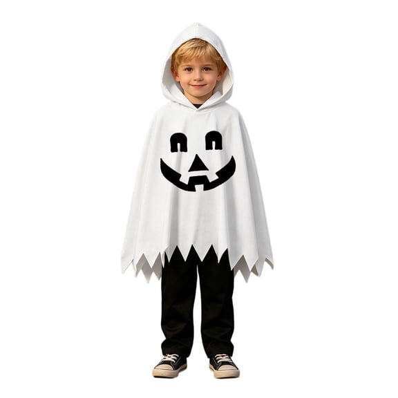 Gunia Kids White Ghost Hooded Cape For Boys Girls 2 Piece Halloween Costumes Cloak Cute Party Dress Up Outfits Poncho