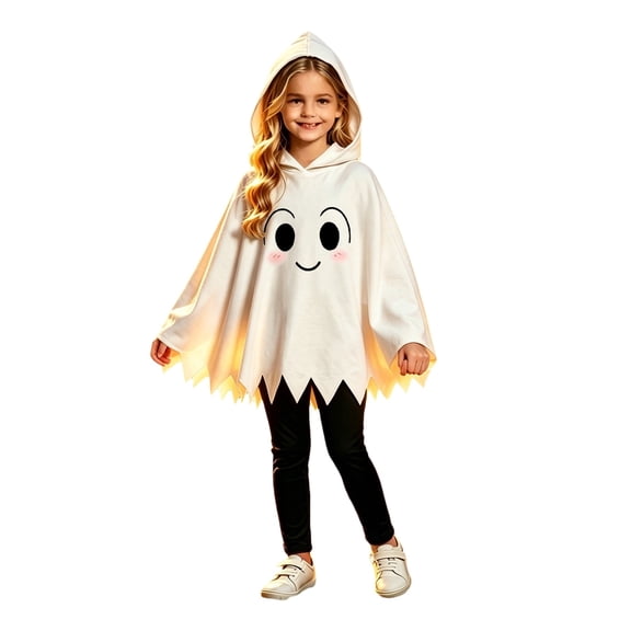 Gunia Kids White Ghost Poncho Hooded Cape Cloak Pants Cosplay Halloween Role Play Dress-Up Outfits For Boy Girl Stage Performance Holiday Party Wear,White