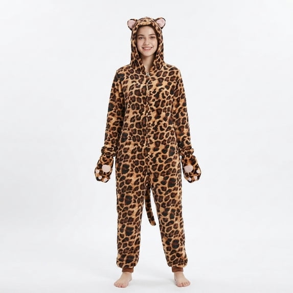 Gunia Leopard Hooded Onesie For Adult Unisex Flannel Pajamas Jumpsuit Pjs Sleepwear Cosplay Halloween Role Play Dress Up Outfits Holiday Party Wear,Brown