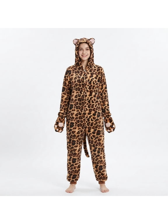 Leopard Hooded Onesie For Adult Unisex Flannel Pajamas Jumpsuit Pjs Sleepwear Cosplay Halloween Role Play Dress Up Outfits Holiday Party Wear,Brown