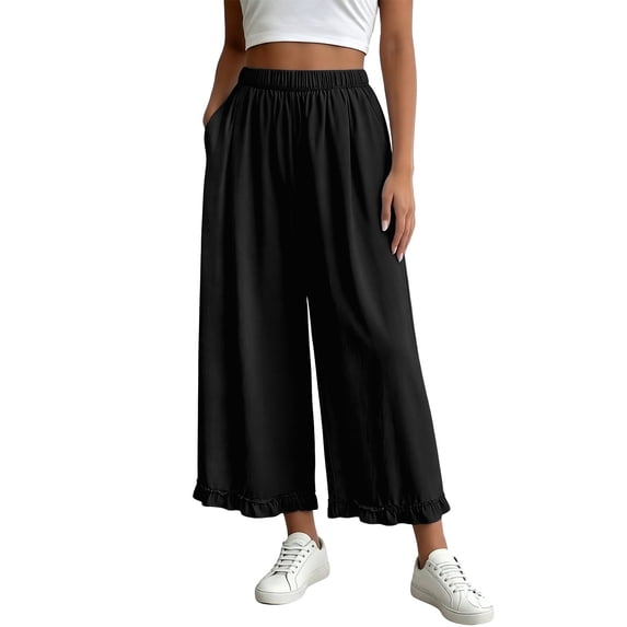 Gunia Linen Blend Pants For Women Casual Wide Leg Pants Relaxed Fit Trousers With Fringe Detail Cropped Summer Pants
