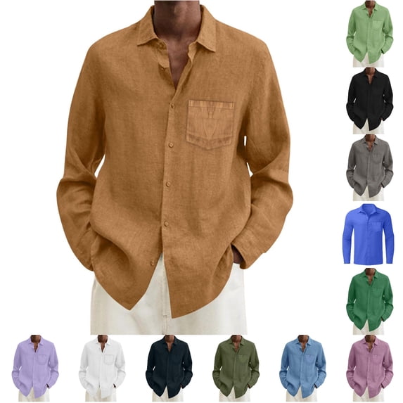 Gunia Linen Button Down Shirt Men Summer Solid Casual Plus Size Loose Shirt Mens Turn Down Long Sleeve Shirt Tops Men'S Shirts Brown 2Xl