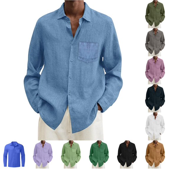 Gunia Linen Button Down Shirt Men Summer Solid Casual Plus Size Loose Shirt Mens Turn Down Long Sleeve Shirt Tops Men'S Shirts Sky Blue L