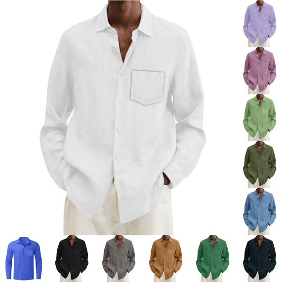 Gunia Linen Button Down Shirt Men Summer Solid Casual Plus Size Loose Shirt Mens Turn Down Long Sleeve Shirt Tops Tshirt For Men White 2Xl