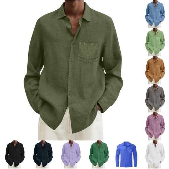 Gunia Linen Button Down Shirt Men Summer Solid Casual Plus Size Loose Shirt Mens Turn Down Long Sleeve Shirt Tops Tshirts For Men Army Green 2Xl