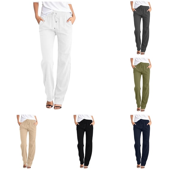 Gunia Linen Pants For Women High Waisted Solid Straight Pants Waist Long Casual Elastic Drawstring Pants With Pockets Summer Pants
