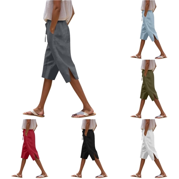 Gunia Linen Pants Women Capri Pants Capris Beach Cropped Trousers Drawstring Side Split Casual Ladies Pant Vacation Summer Pants