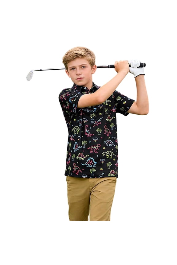 Little Boys Golf Shirts Cute Graphic Short Sleeve Crew Neck Casual Tee Shirts Soft Pullover Summer Fashion Boys Tshirts Black 5-6 Years