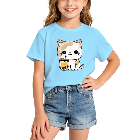 Gunia Little Boys T Shirts Girls Short Sleeve Cute Cat Graphic Tee Breathable Summer Tops Fashionable Cat Print Casual T Shirt Kids Children T-Shirts Light Blue 4-6 Years