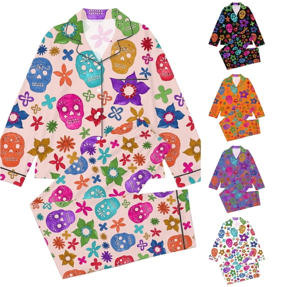 Gunia Little Girl Halloween Pajamas 2 Piece Button Up Long Sleeve Tops Pants Nightwear Outfit For Toddler Kids Pjs Loungewear Pink 5-6 Years
