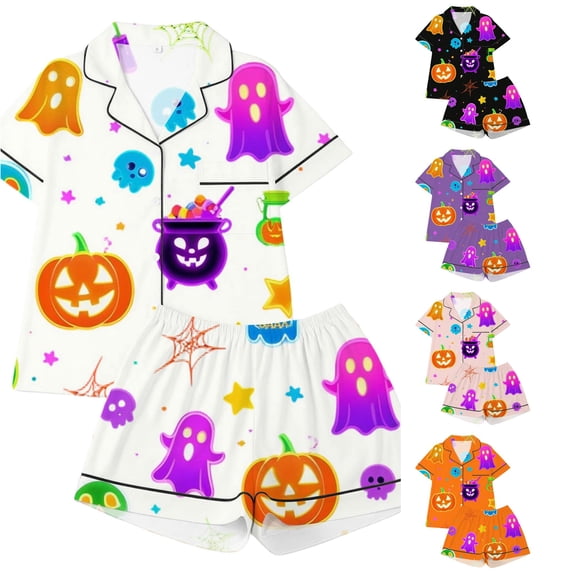 Gunia Little Girl Halloween Pajamas 2 Piece Button Up Short Sleeve Tops With Shorts Nightwear Pjs Sleepwear White 5-6 Years