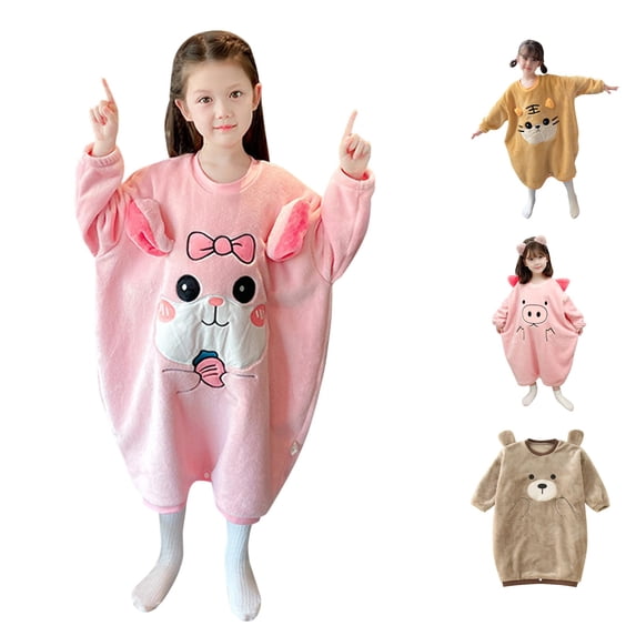 Gunia Little Girl Nightgown Pajama Dress Fall Winter Long Sleeve Cartoon Embroidered Fluffy Hoodies Dress Kids Warm Casual Sweatshirt Clothes Tops Night Gowns Pjs Loungewear 6-8 Years
