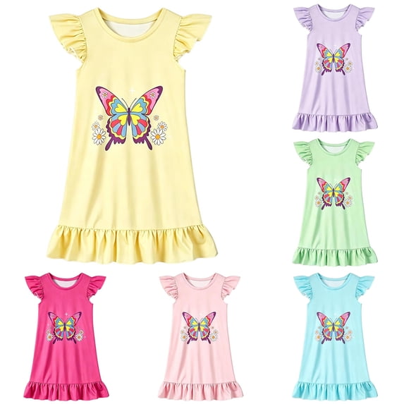 Gunia Little Girl Nightgown Princess Pajama Dress Playful Nightdress Cute Butterfly Print Flutter Sleeves Cozy Cute Night Gowns Pjs Loungewear Light Yellow 7-8 Years