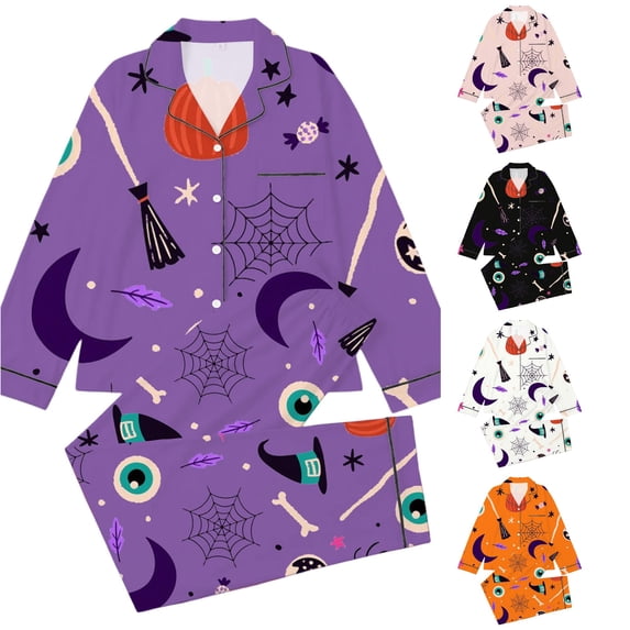 Gunia Little Girls Halloween Pajama Set 2 Piece Button Up Long Sleeve Tops With Pants Nightwear Pjs Sleepwear Purple 7-8 Years