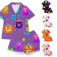 thumbnail image 1 of Gunia Little Girls Halloween Pajama Set 2 Piece Button Up Short Sleeve Tops With Shorts Nightwear Pjs Jammies Purple 7-8 Years, 1 of 5