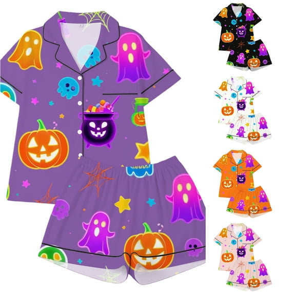 Gunia Little Girls Halloween Pajama Set 2 Piece Button Up Short Sleeve Tops With Shorts Nightwear Pjs Jammies Purple 7-8 Years