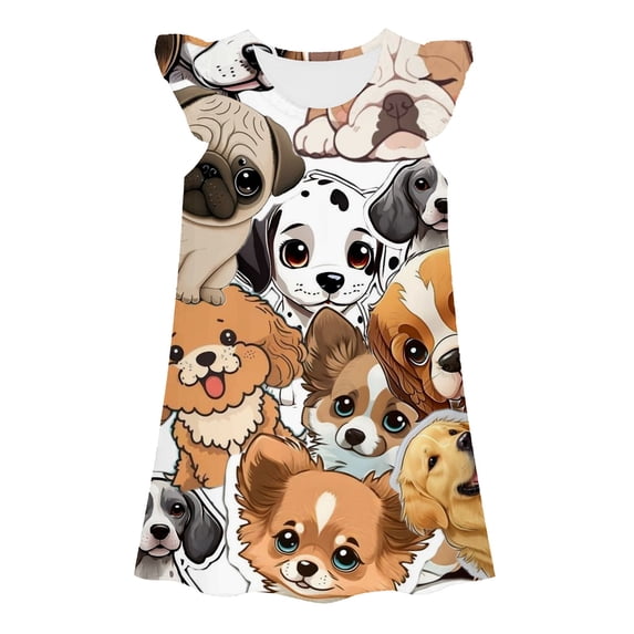 Gunia Little Girls Nightgown Princess Pajamas Dog Graphic Summer Dress Casual Round Neck Flutter Sleeve Loose Fit Home Wear Play Outfits Night Gowns Pjs Loungewear Coffee 5-6 Years