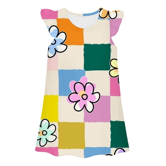 Gunia Little Girls Nightgown Princess Pajamas Flower Graphic Summer Dress Casual Round Neck Flutter Sleeve Loose Fit Home Wear Play Outfits Night Gowns Pjs Loungewear 6-7 Years