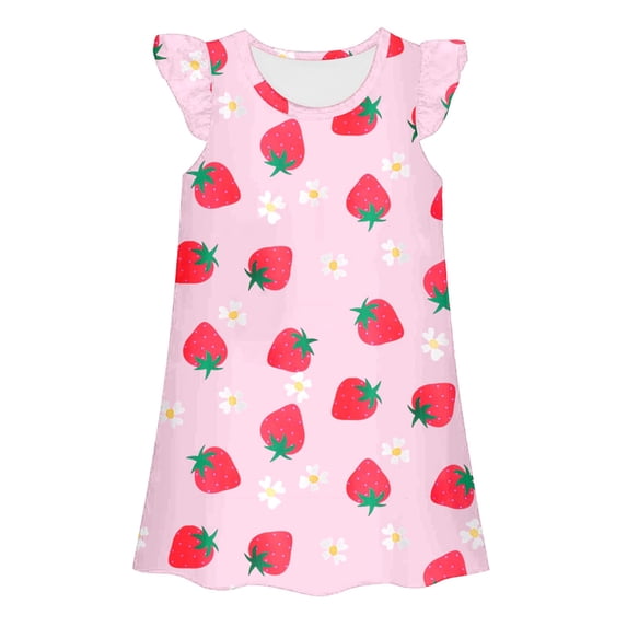 Gunia Little Girls Nightgown Princess Pajamas Strawberry Graphic Summer Dress Casual Round Neck Flutter Sleeve Loose Fit Home Wear Play Outfits Night Gowns Pjs Loungewear 6-7 Years