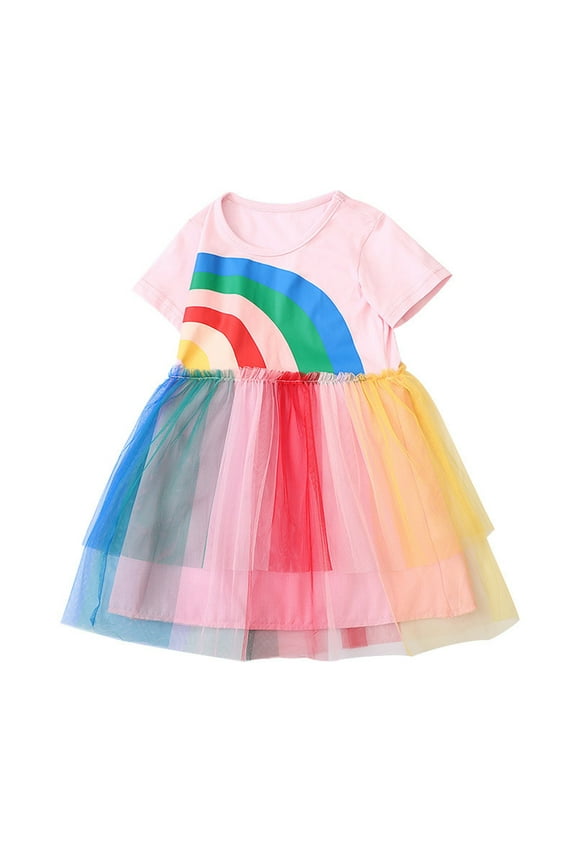 Little Girls Summer Dress Rainbow Print Short Sleeve Kids Princess Baby Tulle Pink Cotton Sun For Holiday Beach Pink Dress For Toddler Girls 2-7 Years